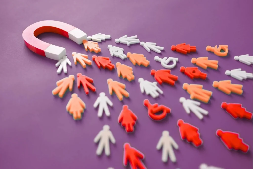 A magnet with orange, white and red plastic figures