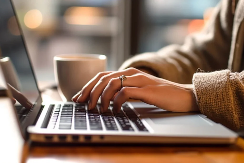 A woman typing on a laptop